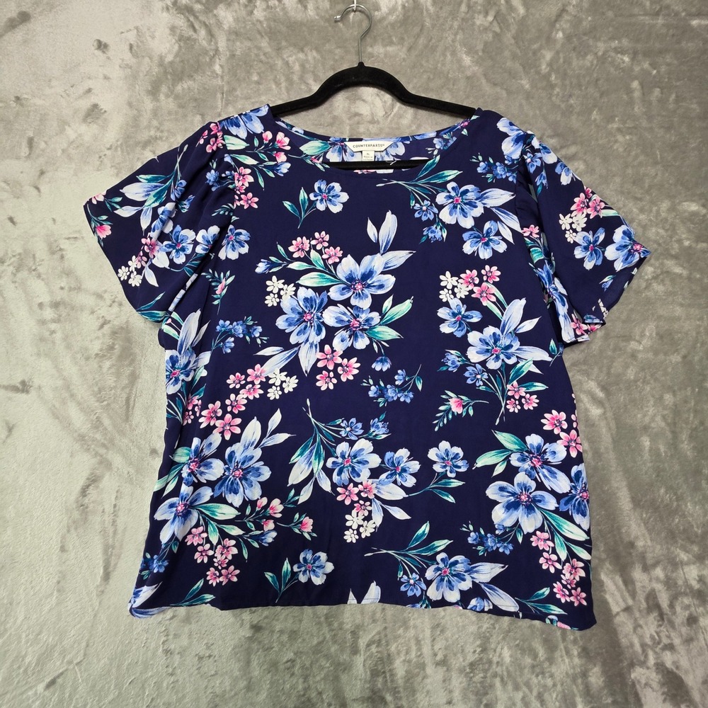 Counterparts Navy Blue Floral Short Sleeve Blouse Top XL 912PS80374HA